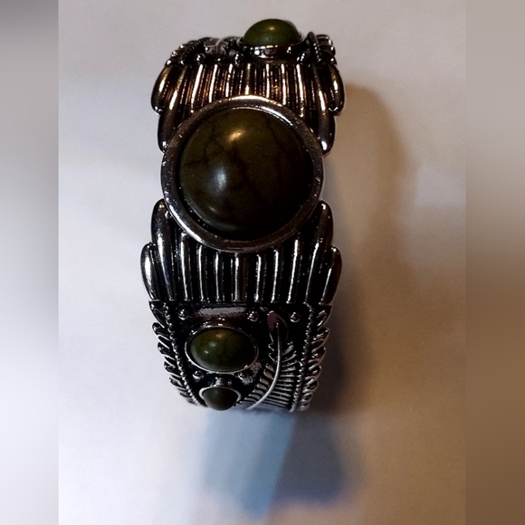 Silver Cuff Bracelet with Faux Green Stones - Picture 4 of 4